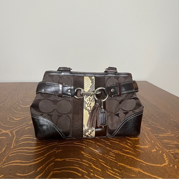 Coach Chocolate Brown Hampton Satchel with Python Snake Print Accent - Picture 3 of 14